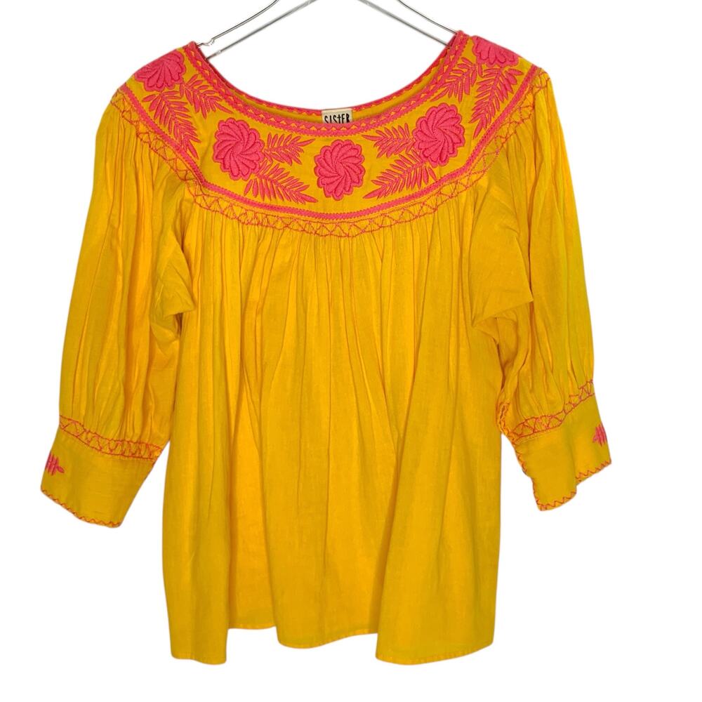 Sister Mary Marigold Pink Embroidered Womens Top XS Boho Floral 100% Cotton